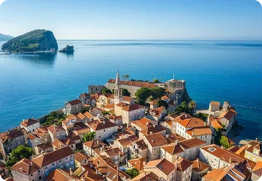Aerial view of the old town peninsula and open Adriatic
